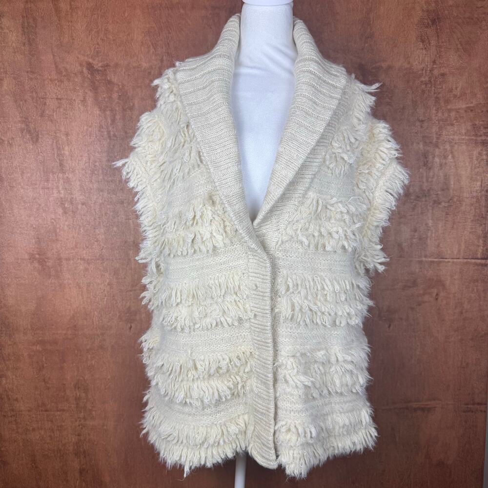 Anthropologie Cream Shaggy Sweater Vest size 1X/2X snap button closure 25% wool - Picture 7 of 16